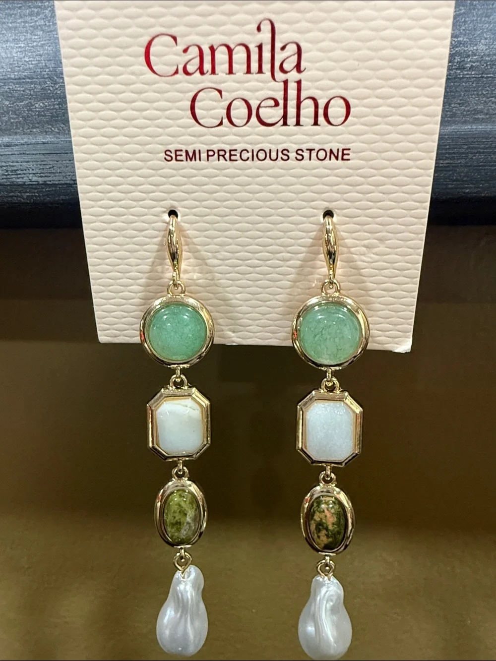 Camila Coelho Green, Cream & White Multi-Stone Drop Earrings
